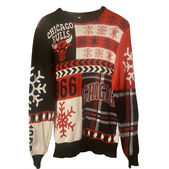 None Other - NBA Chicago Bulls Knit Sweater Red Black White Crewneck Pullover Medium
